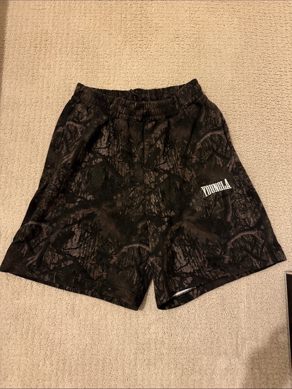 YoungLA Black Camouflage-Pattern Athletic Shorts